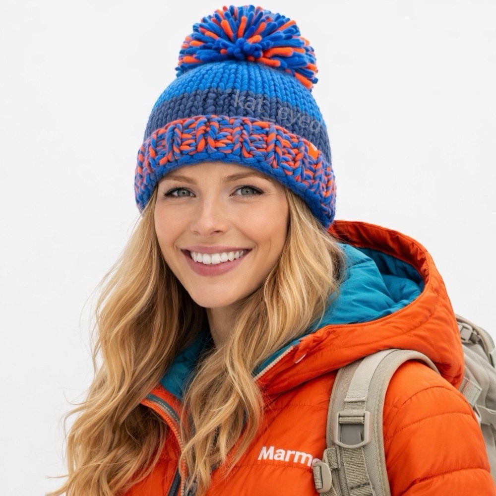 NEW Marmot Women’s CC Girl Hat Blue/Orange Knit Lined Pom-Pom Beanie